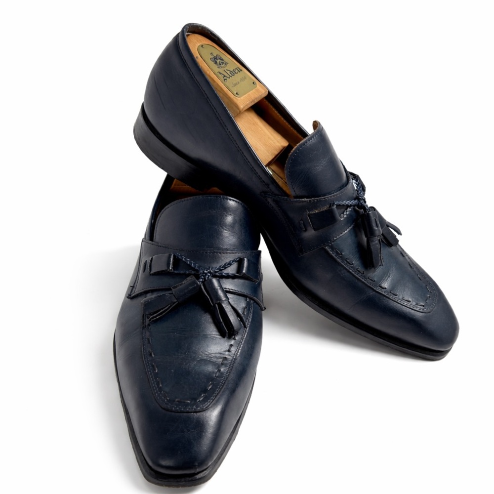 PAUL FREDRICK MEN’S DARK BLUE LEATHER LOAFERS